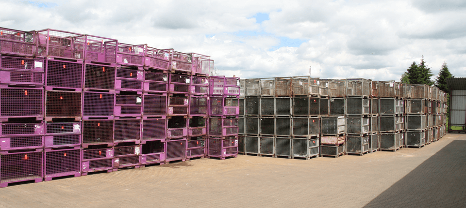 Lattice box pallets awaiting repair along with an image of our covered and outdoor storage areas